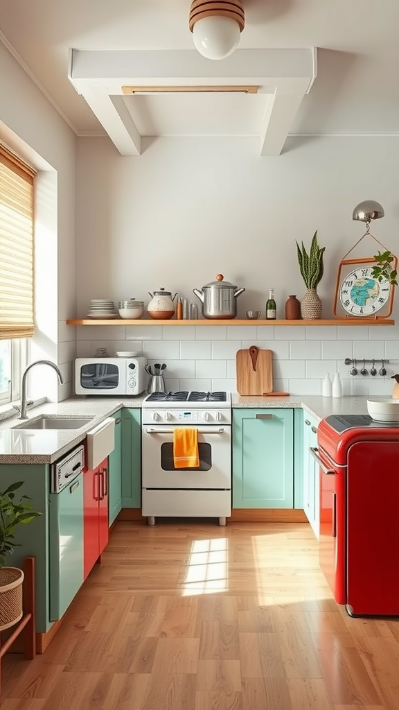 A colorful kitchen featuring retro appliances, with a mix of modern design elements.