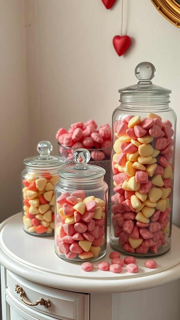 Vintage glass candy jars filled with heart-shaped candies in pink and yellow on a white table.