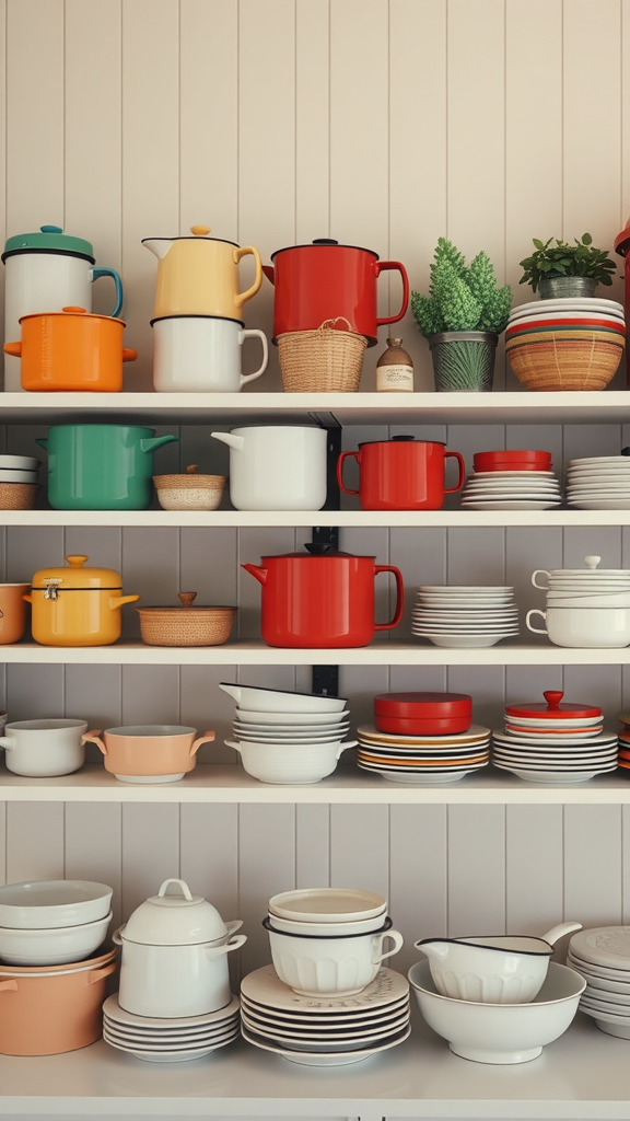 A display of vintage kitchenware including colorful pots, plates, and bowls on shelves.