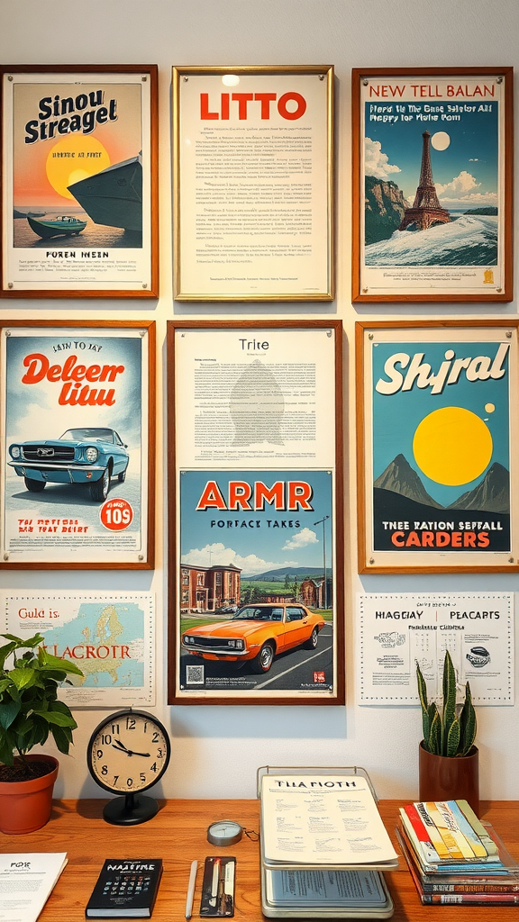 A collection of vintage-inspired posters displayed on a wall in a craft room.