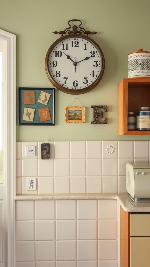 A retro kitchen wall featuring a large clock and colorful framed prints.