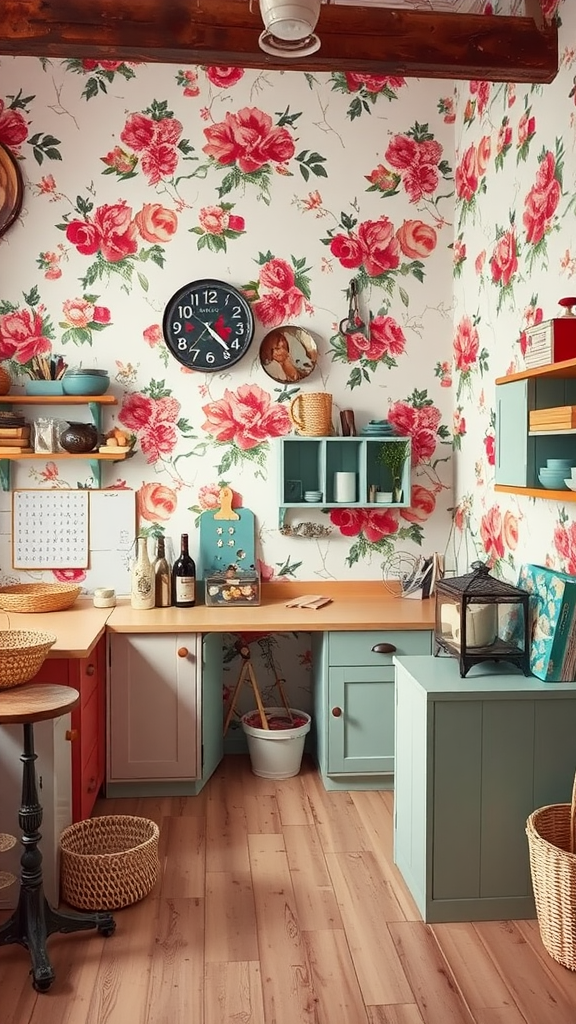 A vintage craft room decorated with floral wallpaper and colorful cabinets.