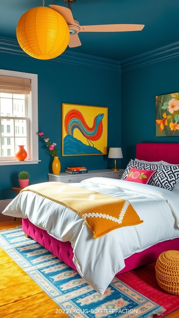 A vibrant bedroom featuring a teal wall, bright orange lantern, colorful artwork, and cheerful decor.