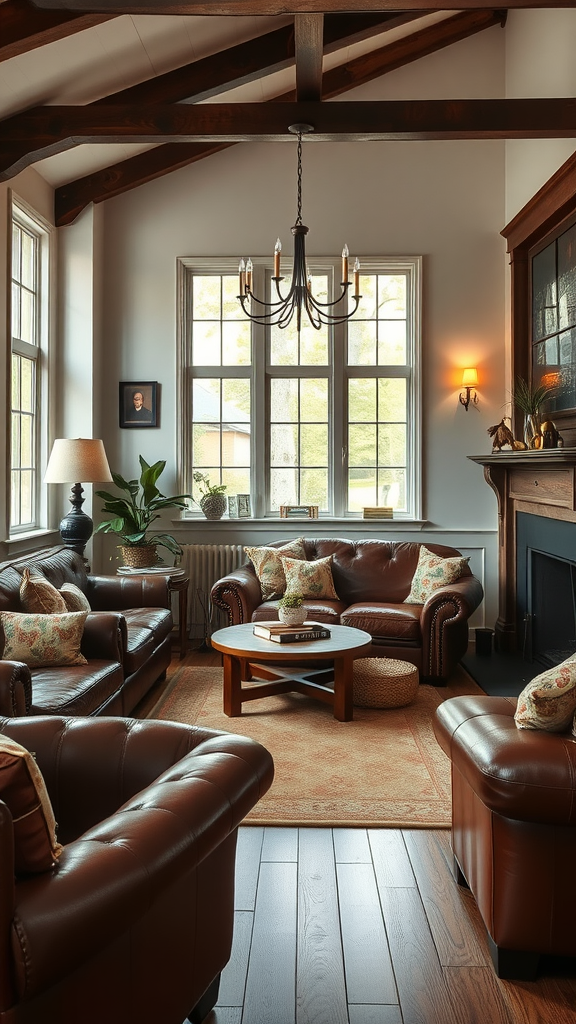 A cozy living room featuring leather furniture and warm wooden accents.