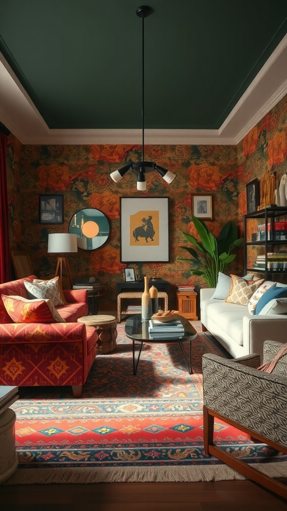 A stylish living room featuring rich patterns and prints on the walls and furniture.