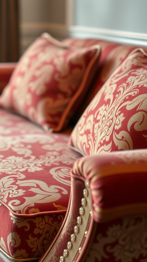 Close-up of a luxurious red and gold patterned sofa with decorative pillows