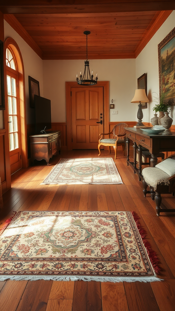 Interior of a southern home with warm wooden floors and decorative rugs.