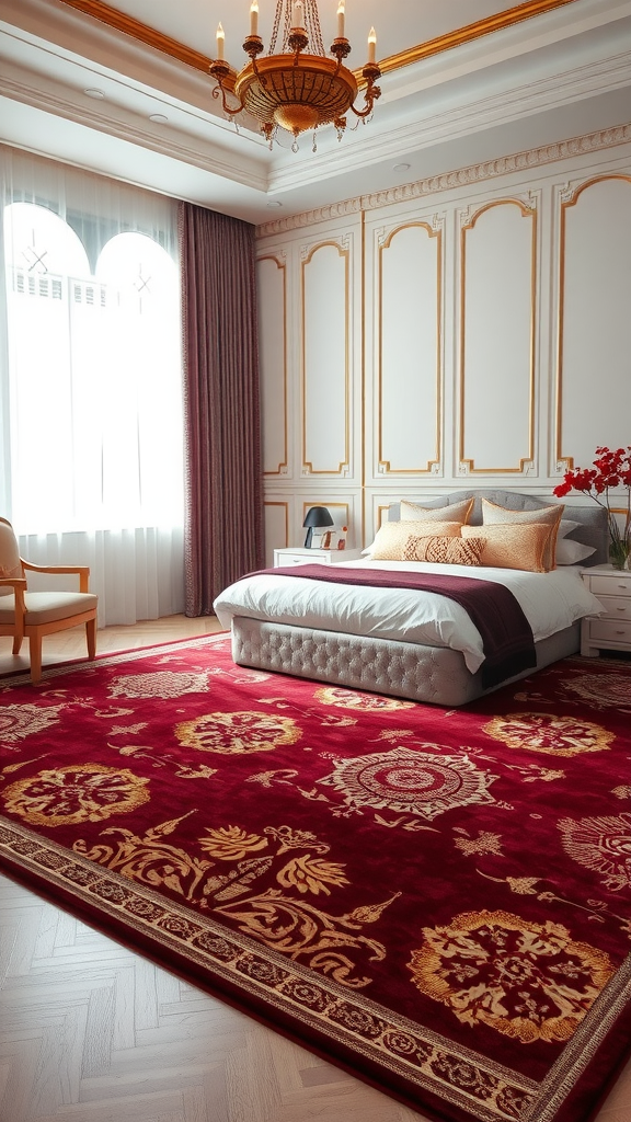 A luxurious burgundy bedroom featuring a richly patterned area rug.