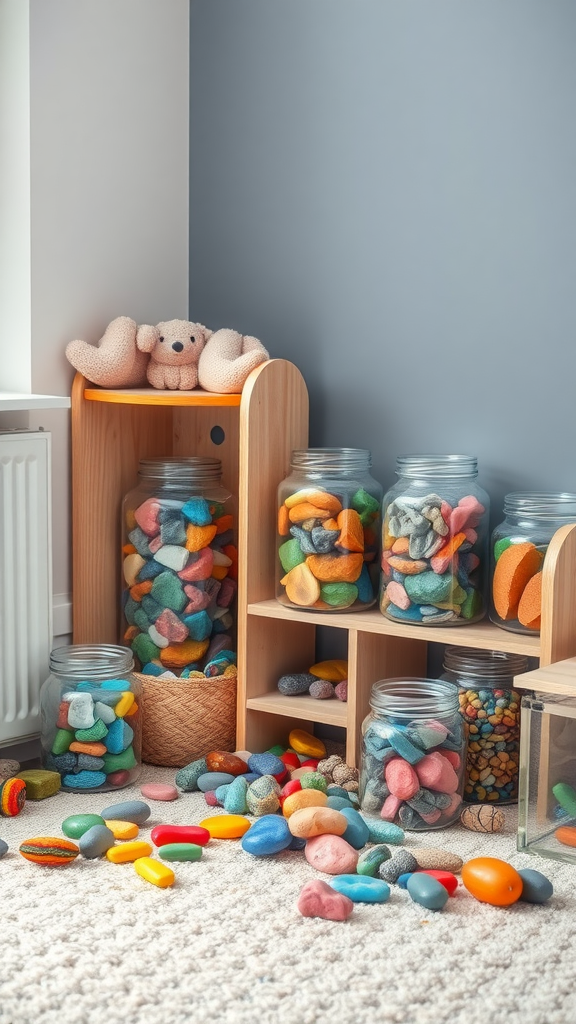 A playroom with colorful jars filled with pebbles and stones, creating a vibrant and inviting atmosphere.