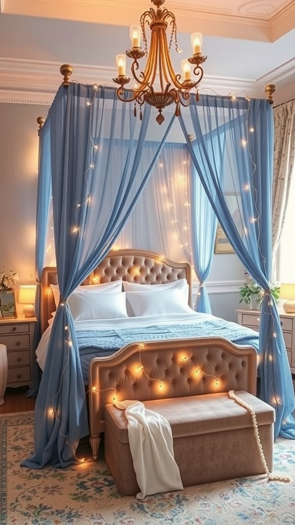 A romantic blue canopy bed with soft drapes and fairy lights.