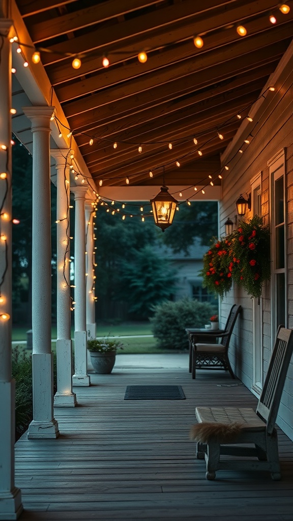 A cozy farmhouse porch adorned with string lights, creating a warm and inviting atmosphere