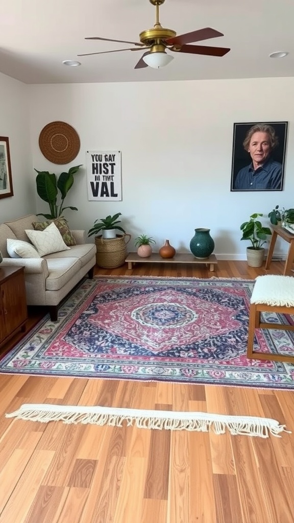 A cozy living room with layered rugs and plants.