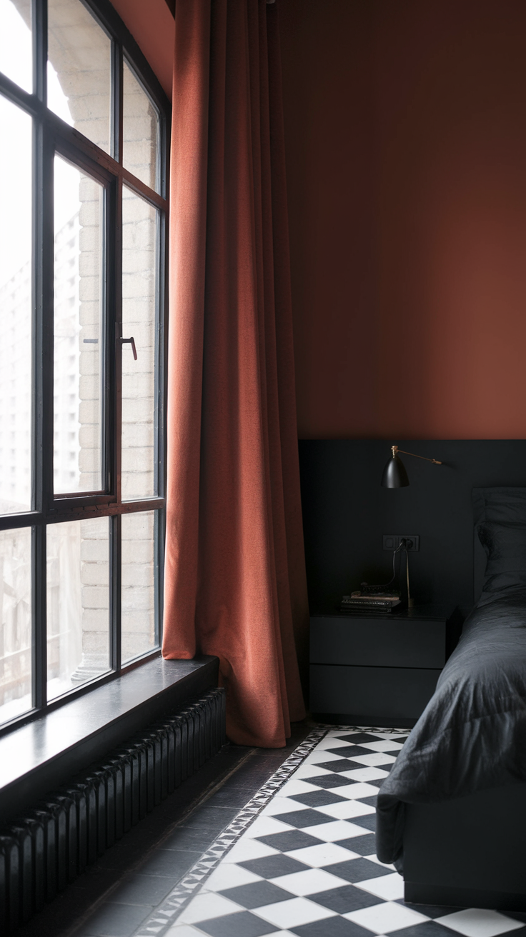 A modern bedroom featuring rust-colored curtains, black bedding, and a checkerboard floor.