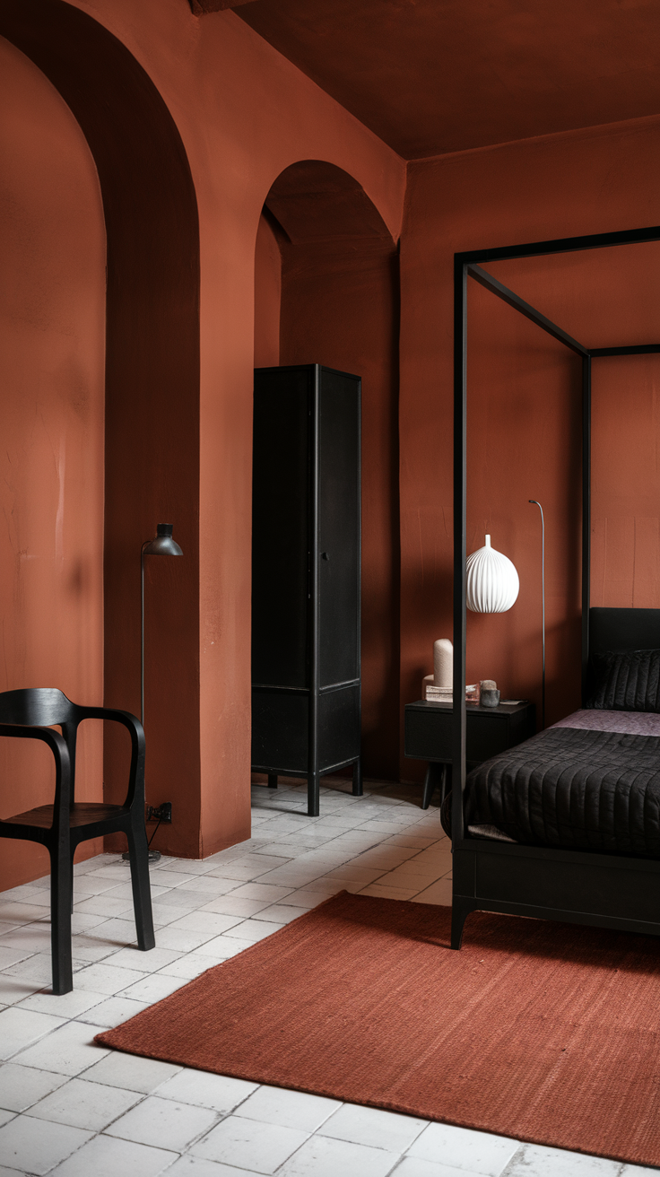 A modern bedroom featuring rust-colored walls and black furniture.