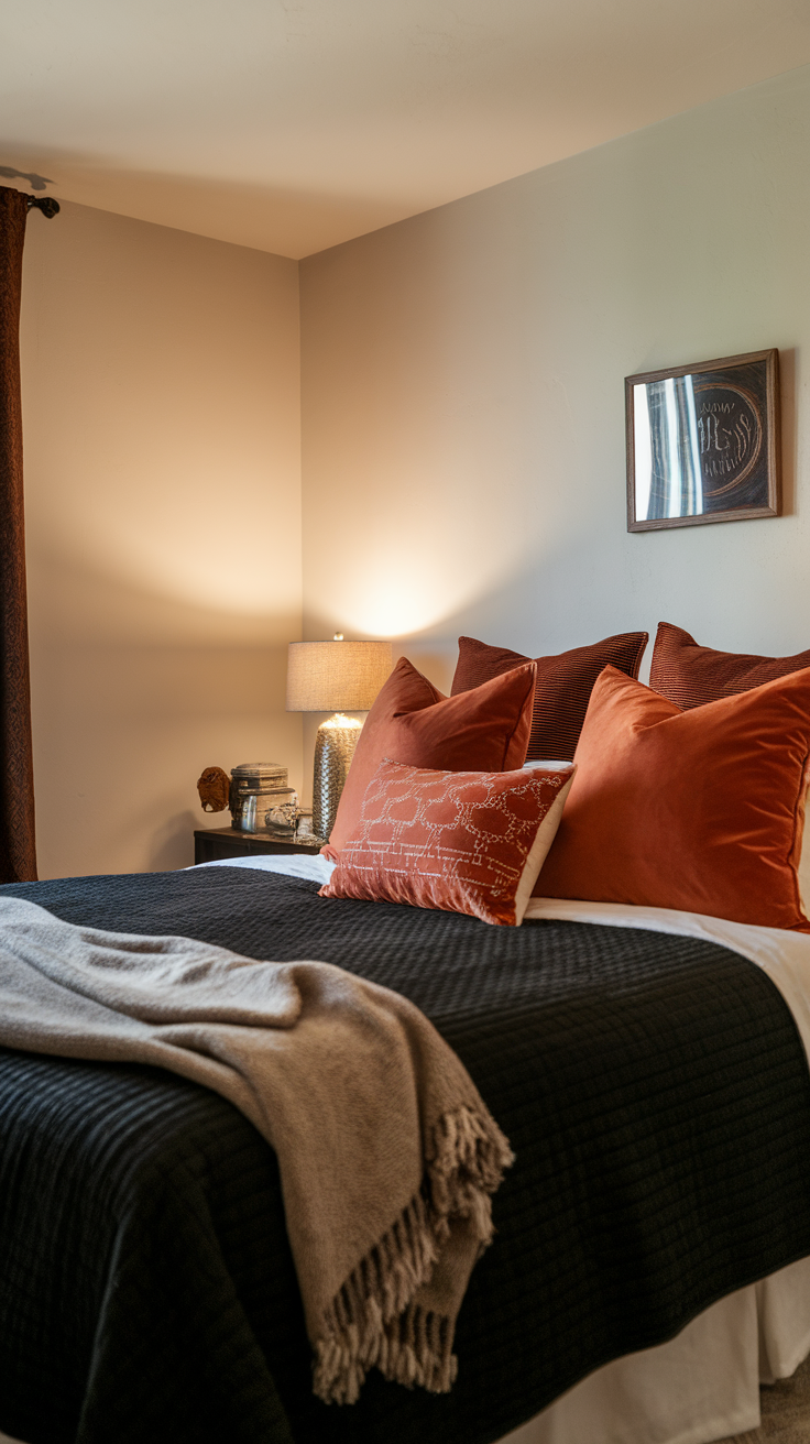 A cozy bedroom featuring rust-colored pillows and a soft blanket on a black bedspread.