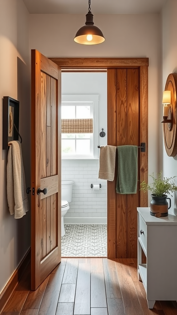 Rustic barn door in a warm tone bathroom