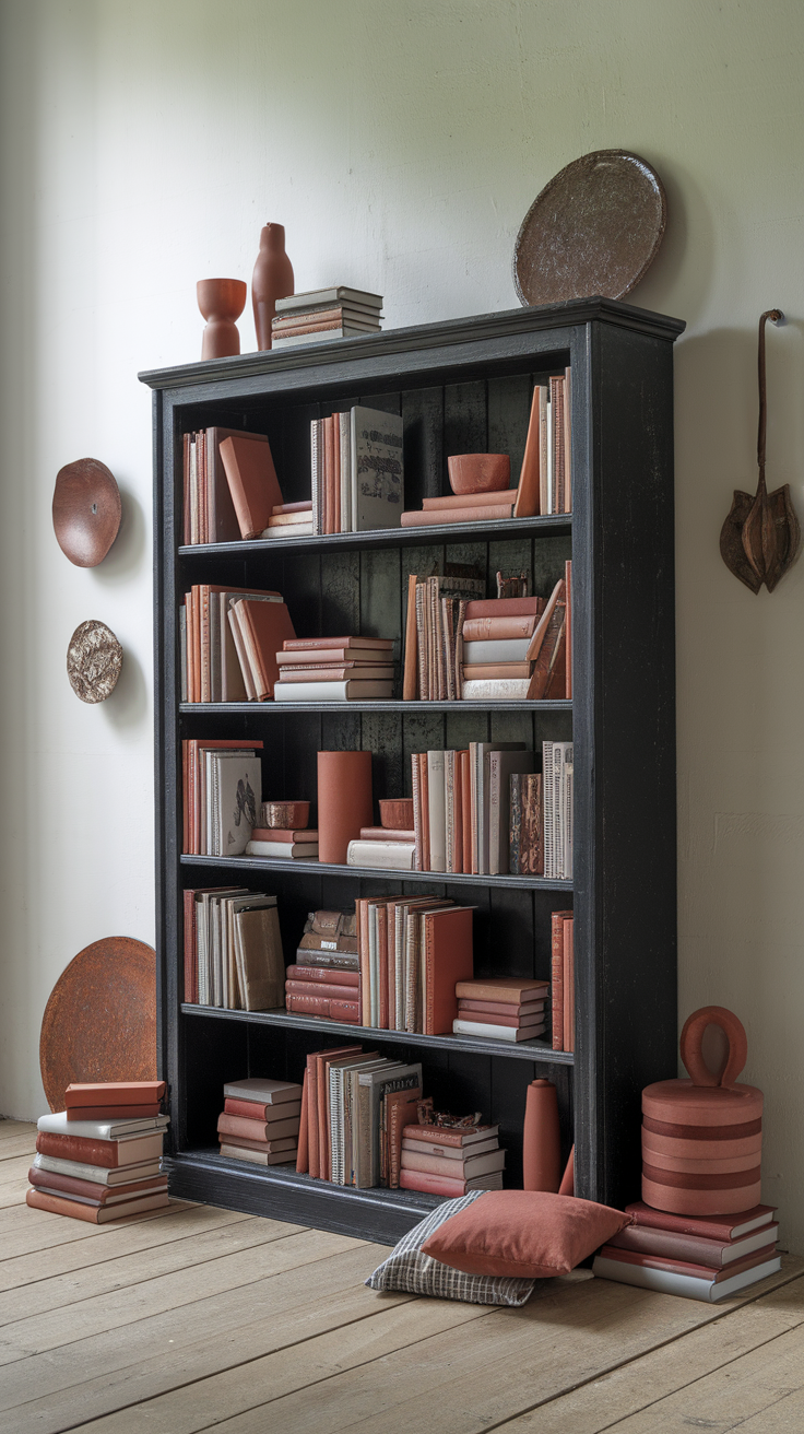 A rustic black bookcase filled with books in shades of rust, complemented by decorative items.