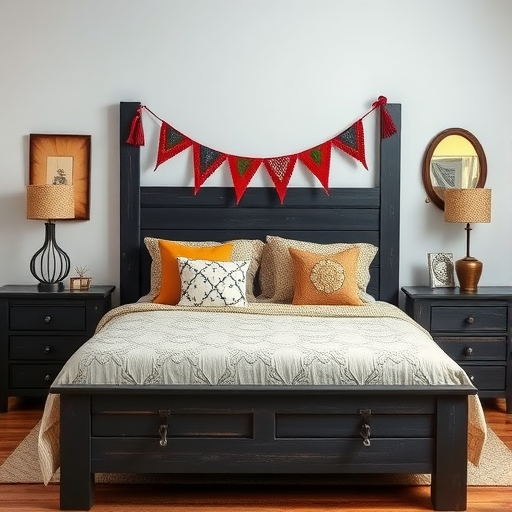 A cozy bedroom featuring rustic black wooden nightstands, a large bed with decorative pillows, and a colorful banner.