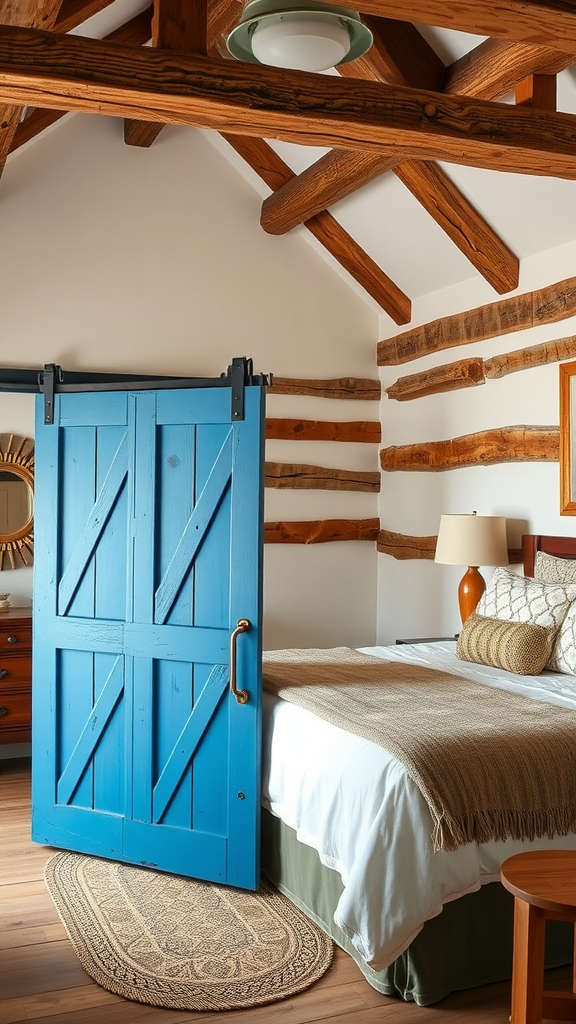 A rustic blue barn door in a cozy bedroom with wooden beams and log walls.