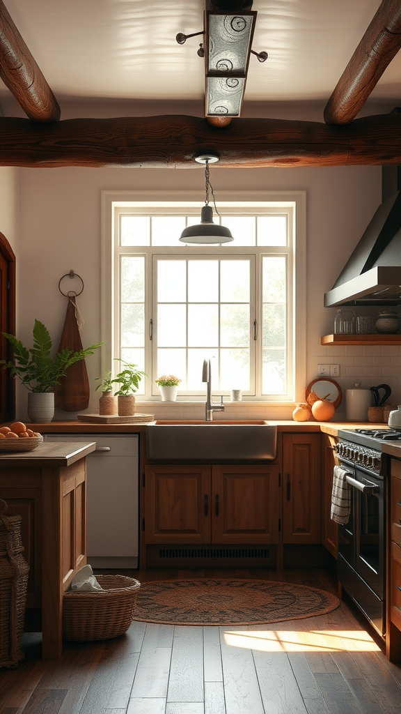 A cozy kitchen featuring rustic brown beams, wooden cabinets, and a large window with natural light.