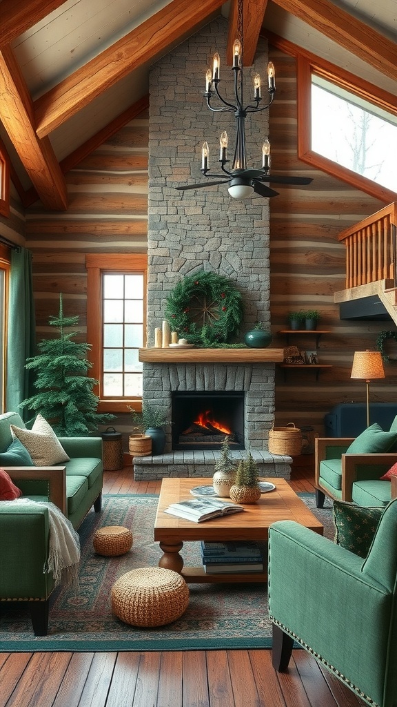 A rustic living room with green sofas, wooden accents, and a stone fireplace.