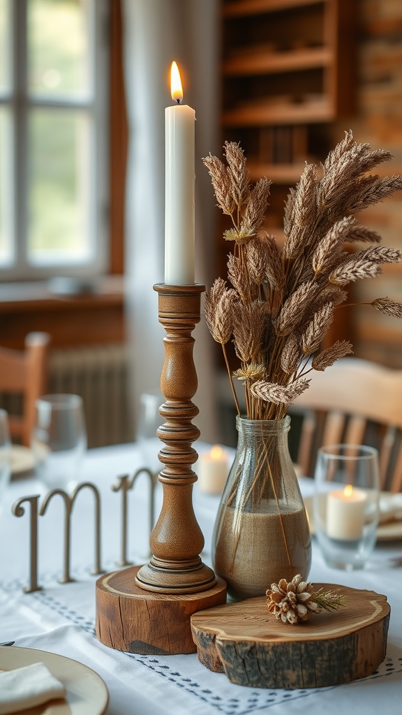 A rustic candle holder with a white candle, surrounded by dried flowers and natural wood elements on a table.