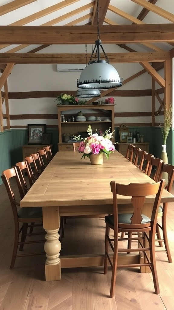 A rustic farmhouse table surrounded by wooden chairs, decorated with flowers, showcasing natural elements.