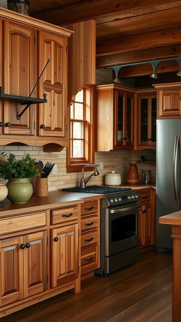 A cozy kitchen featuring hickory cabinets with a rustic design