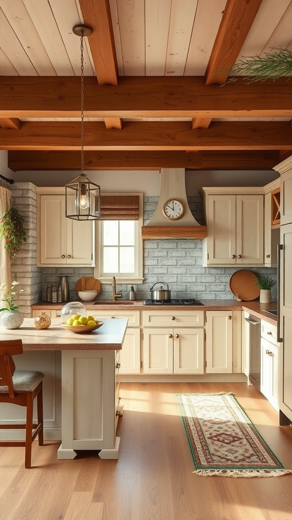 A rustic kitchen featuring white oak cabinets, wooden beams, and a cozy atmosphere.