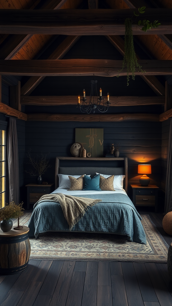 A cozy rustic bedroom featuring wooden beams and warm decor.