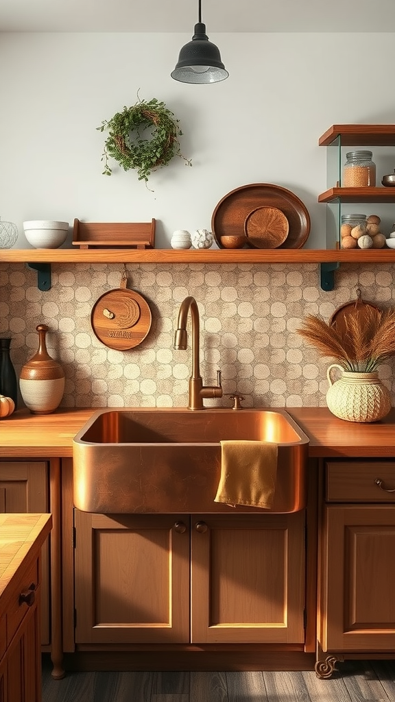 A rustic farmhouse kitchen featuring a copper sink with wooden cabinets and decorative items.