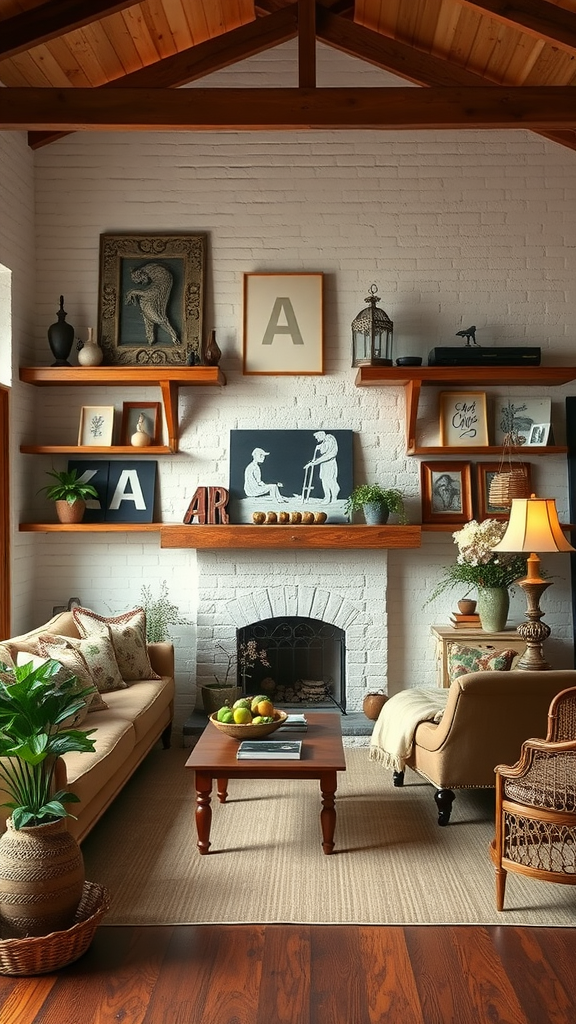 Cozy rustic living room with wooden accents and soft furnishings.