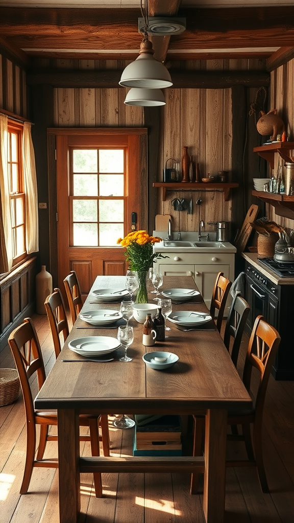 Cozy rustic farmhouse kitchen with large wooden dining table and natural light