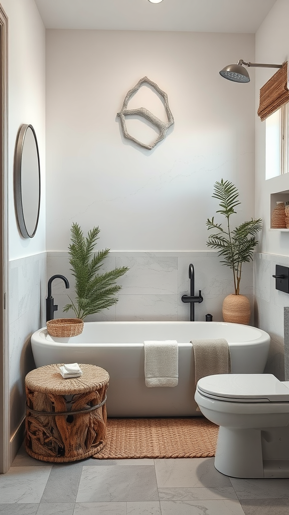 A beautifully designed bathroom featuring rustic driftwood accents, plants, and a modern tub.