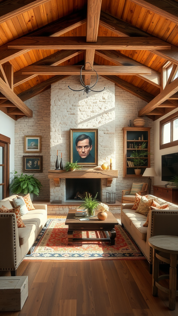 A cozy living room with wooden beams, a stone fireplace, and stylish furnishings.