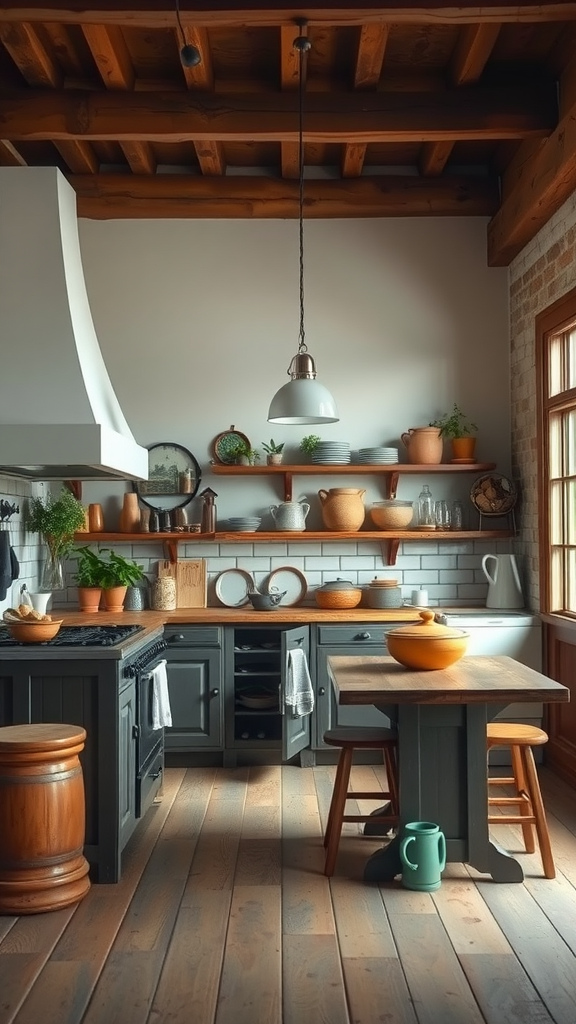 A rustic farmhouse kitchen with wooden beams and earthy decor