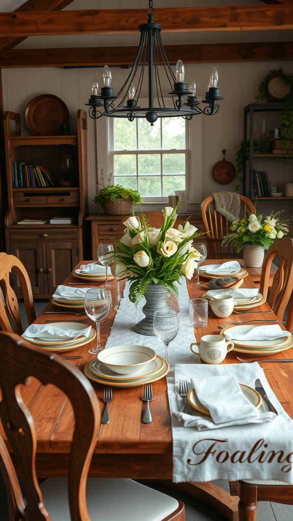 A beautifully set rustic farmhouse dining table with flowers and dishware.