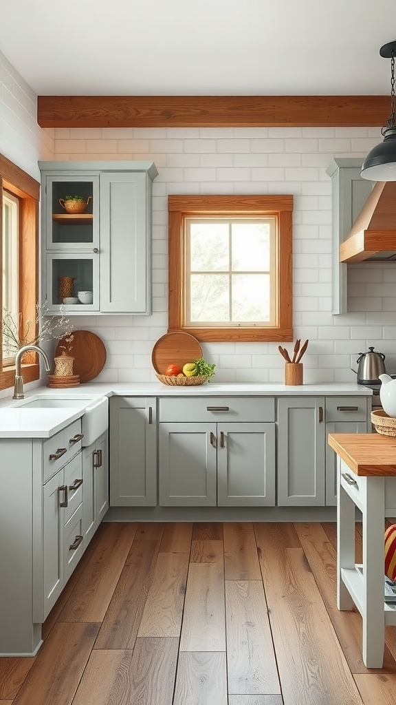 A rustic farmhouse kitchen featuring light gray cabinets and wooden accents.