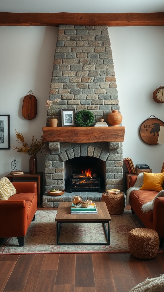 Cozy rustic living room featuring a stone fireplace and warm colored sofas.