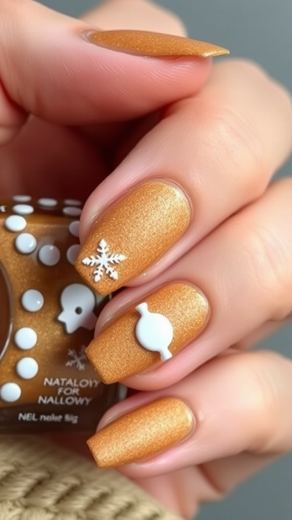 Nail design featuring a warm orange color with white accents resembling gingerbread decorations.