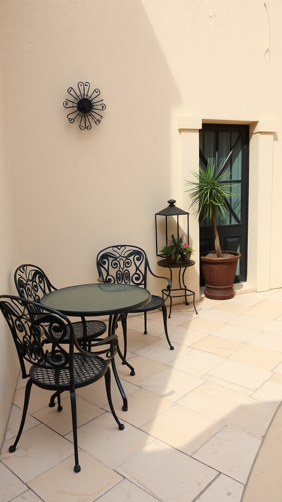 A patio area with wrought iron furniture and decorative accents.