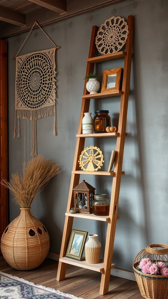 A rustic wooden ladder with decorative items and plants leaning against a wall in a cozy living room.