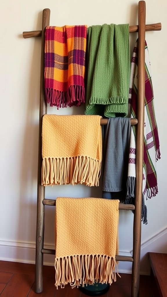 A rustic wooden ladder displaying colorful throws in various textures.