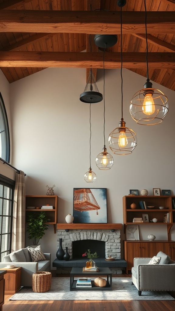 A cozy living room featuring rustic lighting fixtures with warm bulbs.