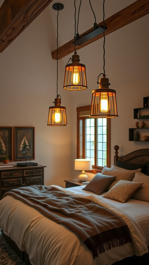 Three rustic hanging light fixtures above a bed in a cozy room