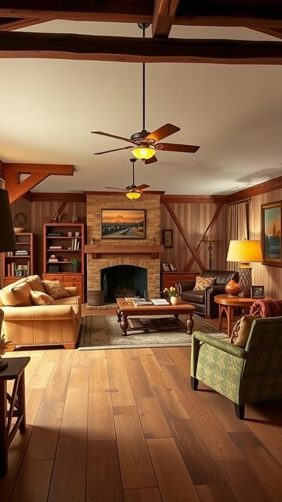 A cozy ranch-style living room with rustic lighting fixtures.