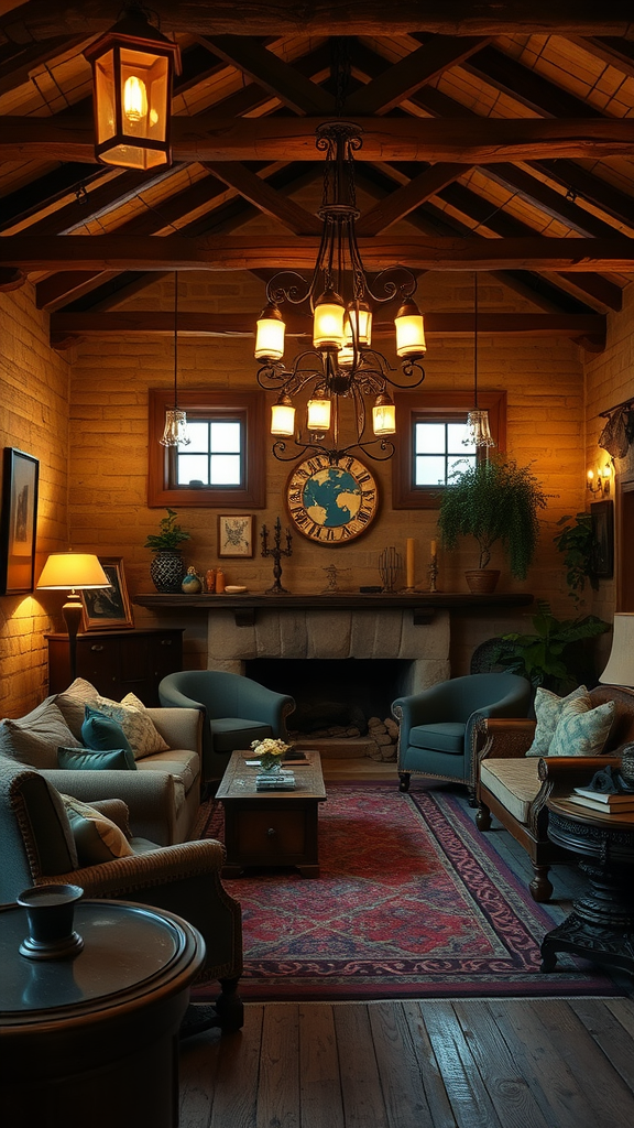 Cozy rustic living room with chandelier and lanterns