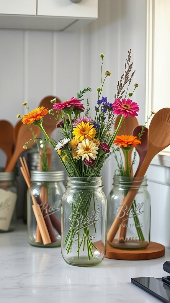 A collection of mason jars filled with colorful flowers and kitchen utensils on a countertop.