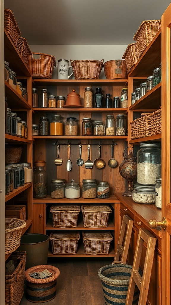 A rustic pantry filled with wooden shelves, baskets, and jars, showcasing a warm and organized kitchen space.