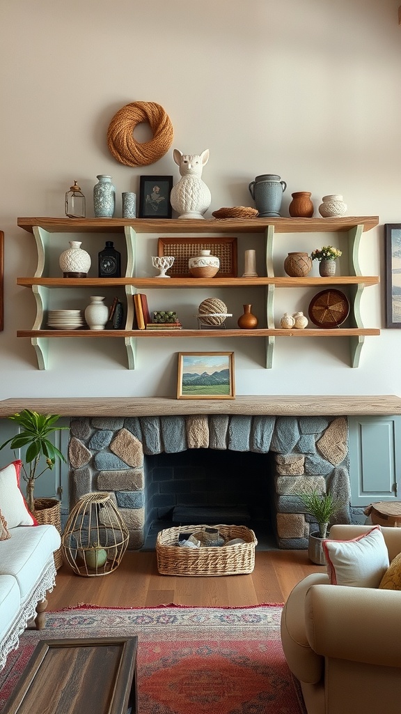 A rustic shelf display featuring pastel colors and natural decor elements.